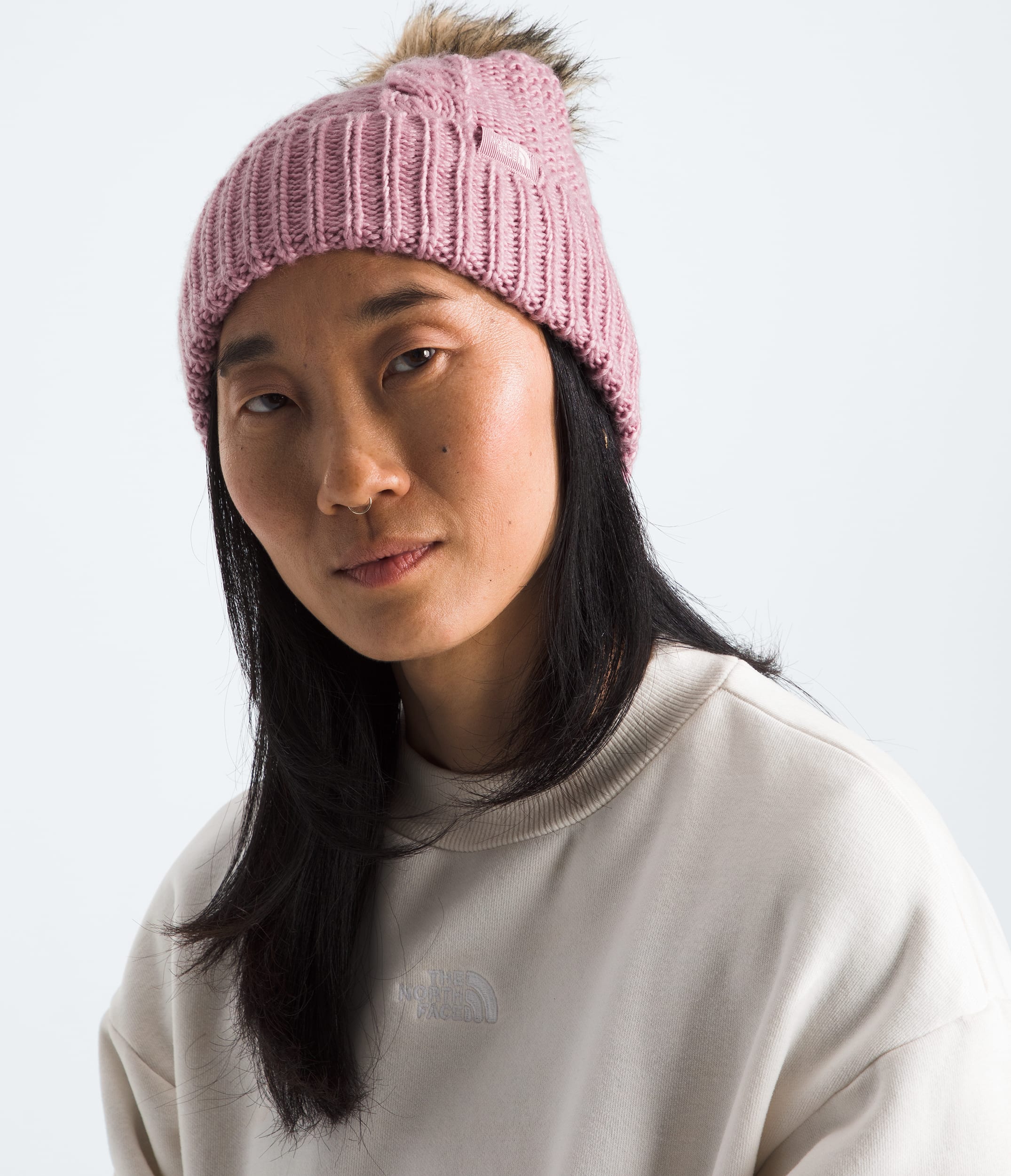 Womens Oh Mega Fur Pom Beanie TNF MODELBACK