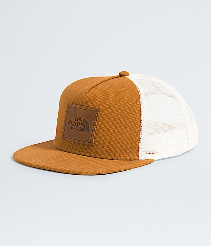 Half Dome Trucker Hat TNF Timber TanLeather Patch HERO